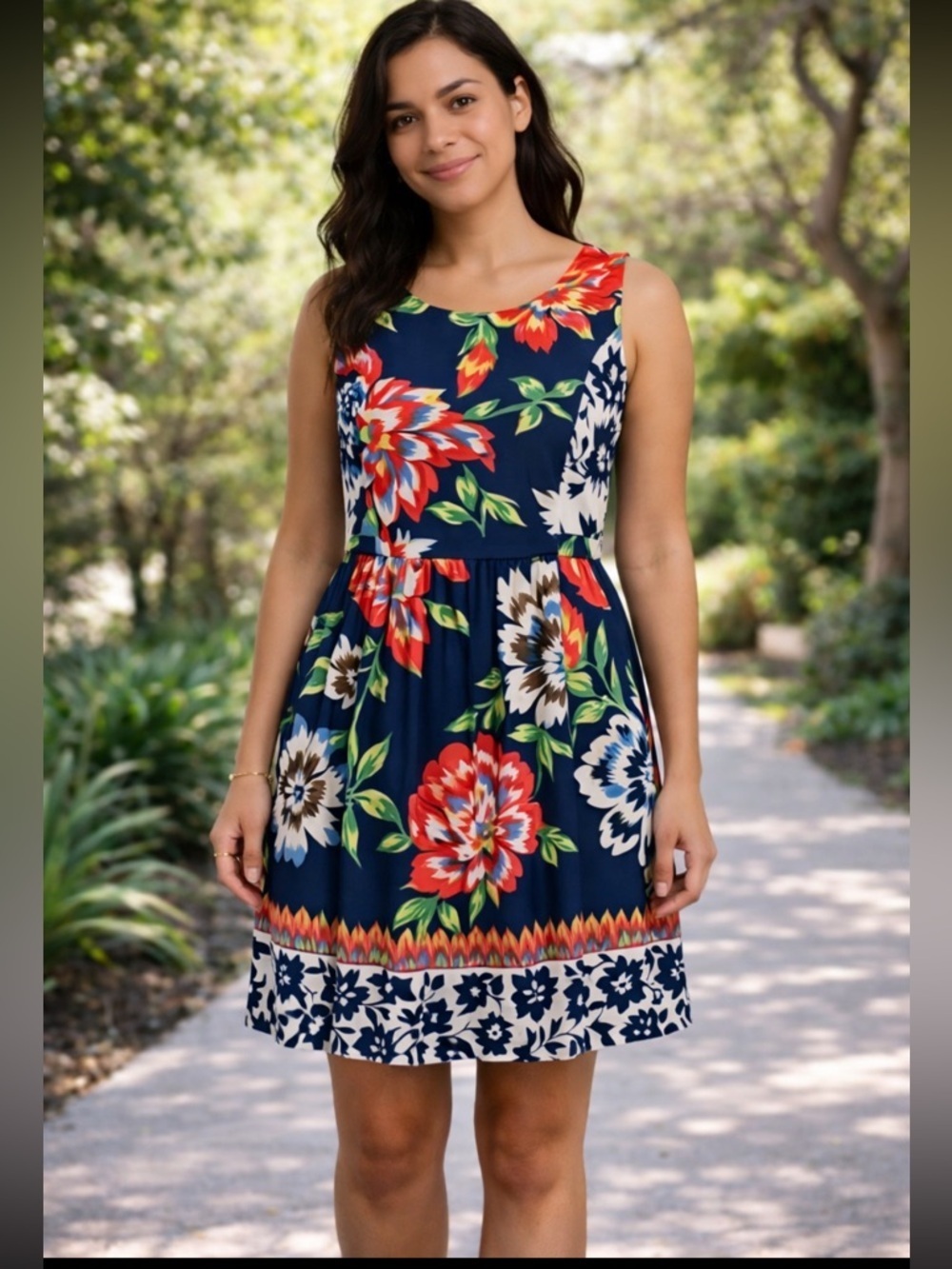 Reborn Floral Fit & Flare Dress | Sleeveless Navy Midi w/ Pockets M